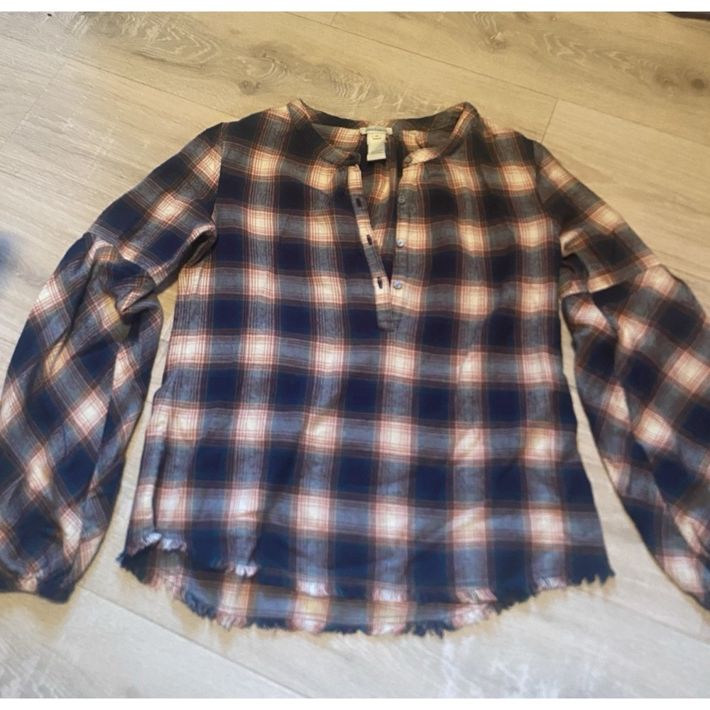 Sundance Plaid Flannel Tunic Top XS Balloon Sleeve Frayed Hem Boho Cotton